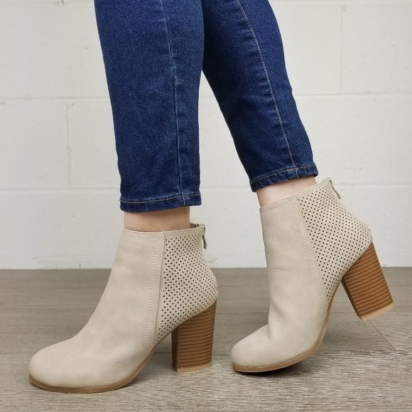 Shoes - Beige Perforated Design Heel Ankle Booties